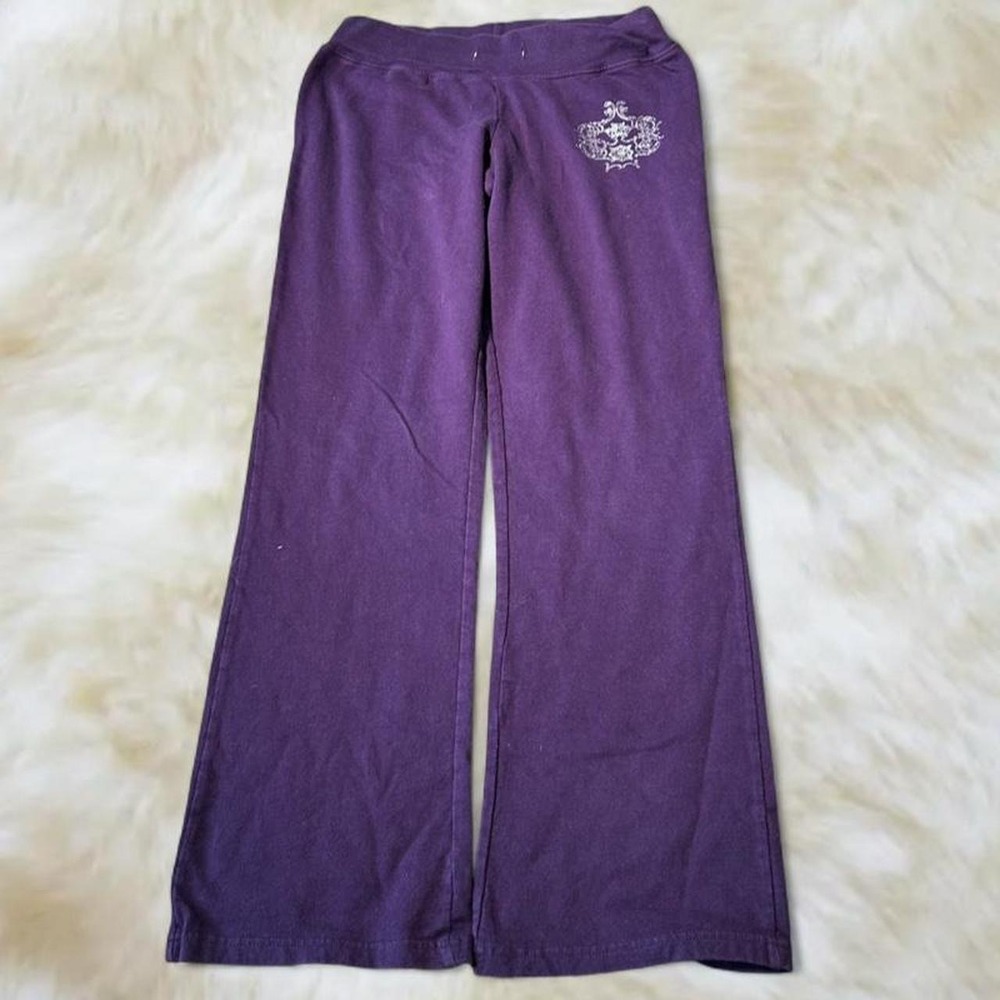 Zoey & Beth Purple Y2K Wide Leg Yoga Pants Rhinestone Logo Small 2000s Grunge